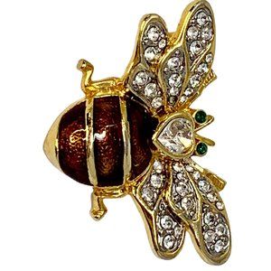 Lapel Pin Bumble Bee Women's Brown Body Gold Pin & Bands Clear Crystals 1" x 1.5